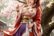 A woman in traditional attire stands under cherry blossoms, wearing a red and purple kimono with gold accents.