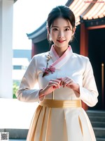 A woman in a white and gold hanbok holding a flower.